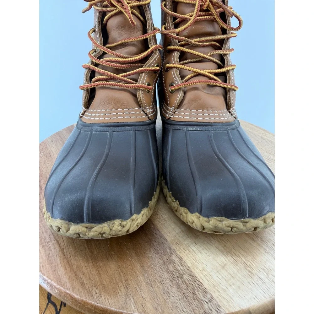 LL Bean Womens 8 Bean Boots Tan Brown Leather Rubber Duck Boots Made in USA